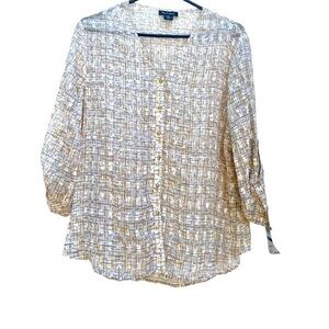 Nue Options Blouse Crinkle Button Down White Mettalic Gold Buttons XL Petite NEW